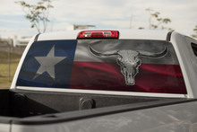 Load image into Gallery viewer, Truck Decal Back Window- Longhorn bull skull Texas Flag -perforated vinyl TBW020