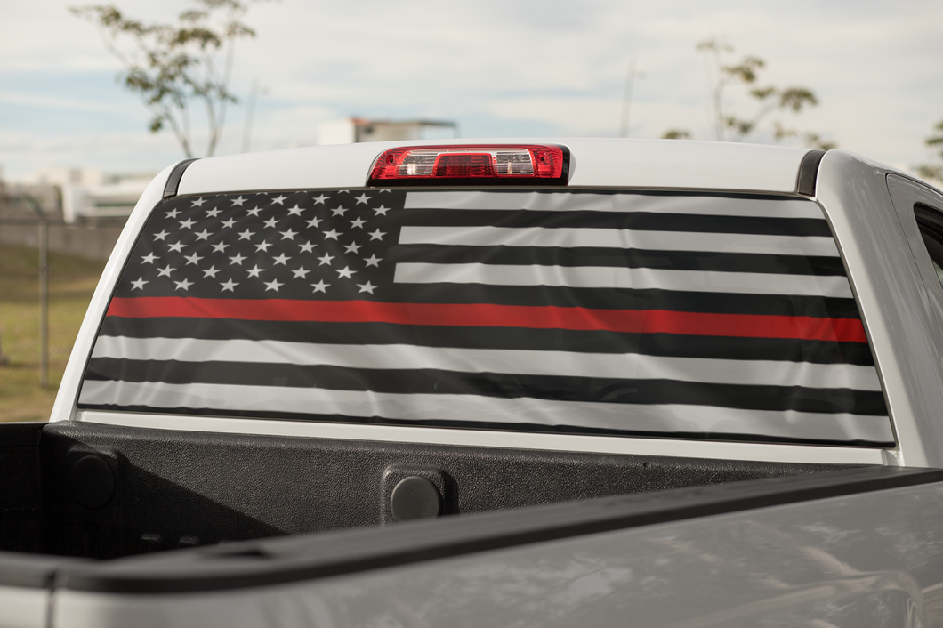 Truck Decal Back Window - Firefighter Red Line Flag - perforated vinyl TBW009