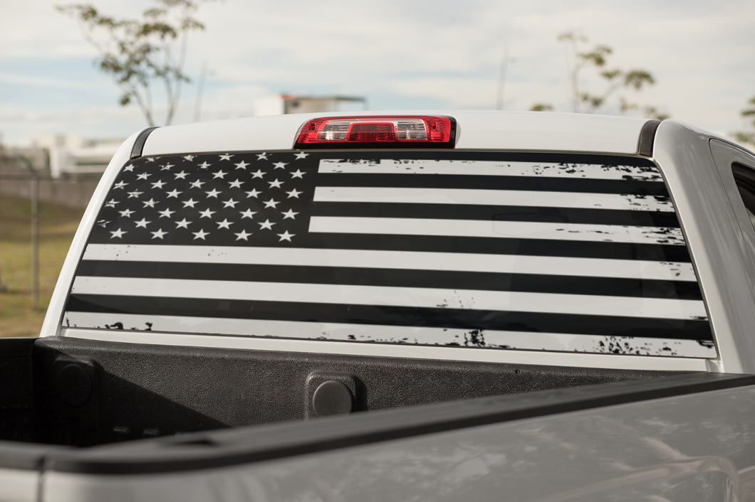 Truck Decal Back Window - Black & White American Flag - perforated vinyl TBW003