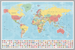 World Map and Flags - vinyl wall murals. WMM002 Ideal wall decoration for bedroom, living room, office, etc