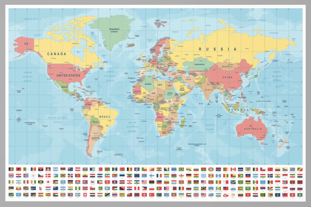 World Map and Flags - vinyl wall murals. WMM002 Ideal wall decoration for bedroom, living room, office, etc